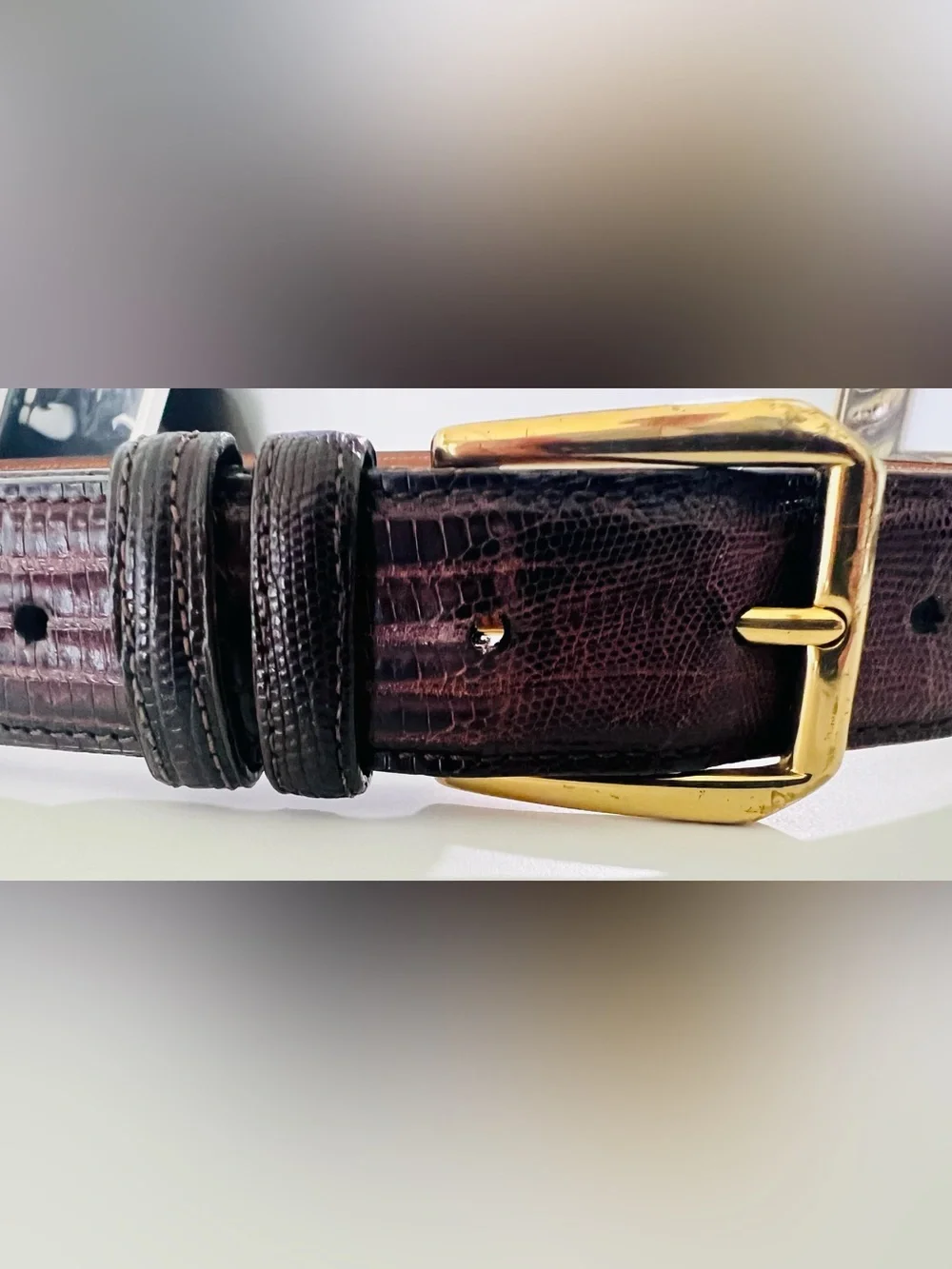 Allen Edmonds Exotic Teju Lizard Men’s Belt, Size 36, Brown, Gold Brass Buckle